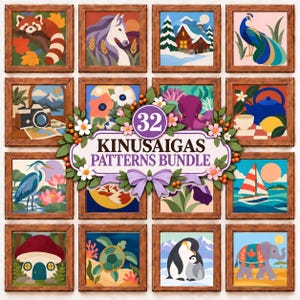 May include: A collection of 16 square framed images featuring diverse illustrations including a red panda, horse, snowy cabin, peacock, camera, flowers, octopus, teapot, heron, fox, sailboat, mushroom house, turtle, penguins, and elephant with text 32 KINUSAIGAS PATTERNS BUNDLE.