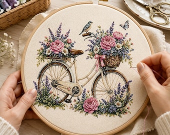 Vintage fiets kruissteekpatroon PDF, bloemenfiets met vogel borduurpatroon, direct te downloaden, doe-het-zelf borduurcadeau, wanddecoratie!