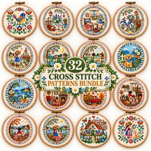 May include: A collection of 32 circular cross stitch patterns displayed in wooden embroidery hoops. The designs feature colourful scenes of houses, gardens, animals, and landscapes. A central decorative sign reads 32 CROSS STITCH PATTERNS BUNDLE.