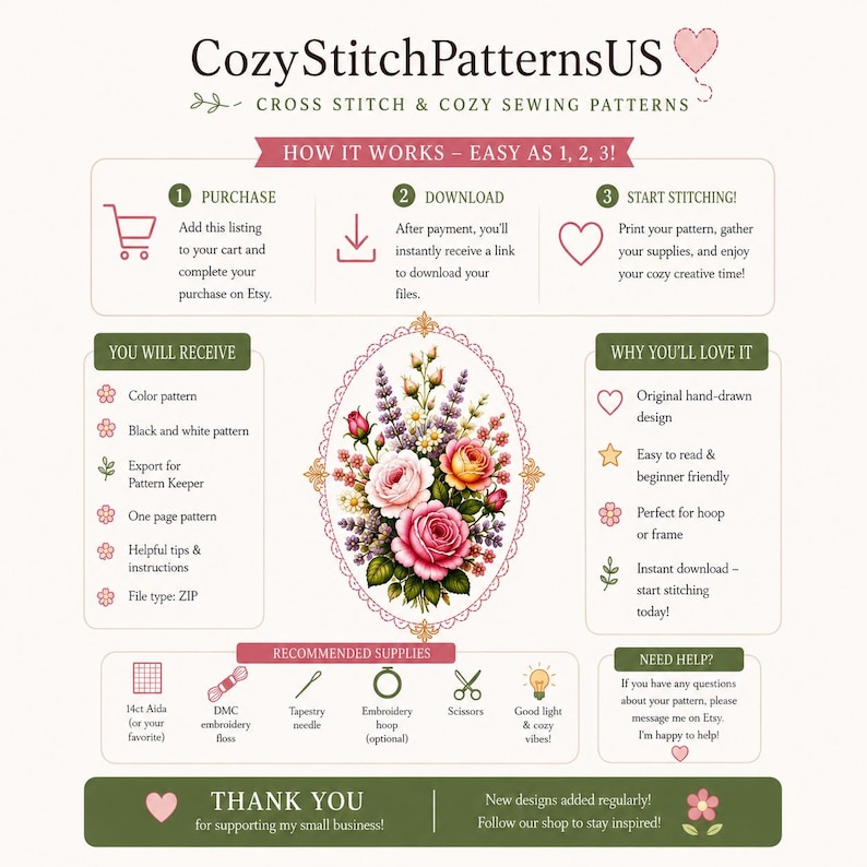May include: An informational graphic for CozyStitchPatternsUS featuring a central oval illustration of pink and yellow roses with lavender. The layout includes sections for purchase steps, file contents, recommended supplies, and shop support details.