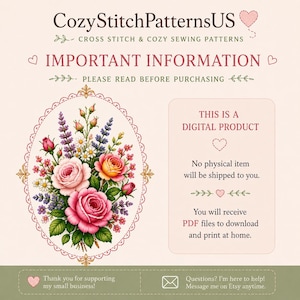 May include: A digital product information graphic for CozyStitchPatternsUS featuring a floral illustration of pink roses, lavender, and daisies inside an oval lace frame. The text states this is a digital product with no physical item shipped.