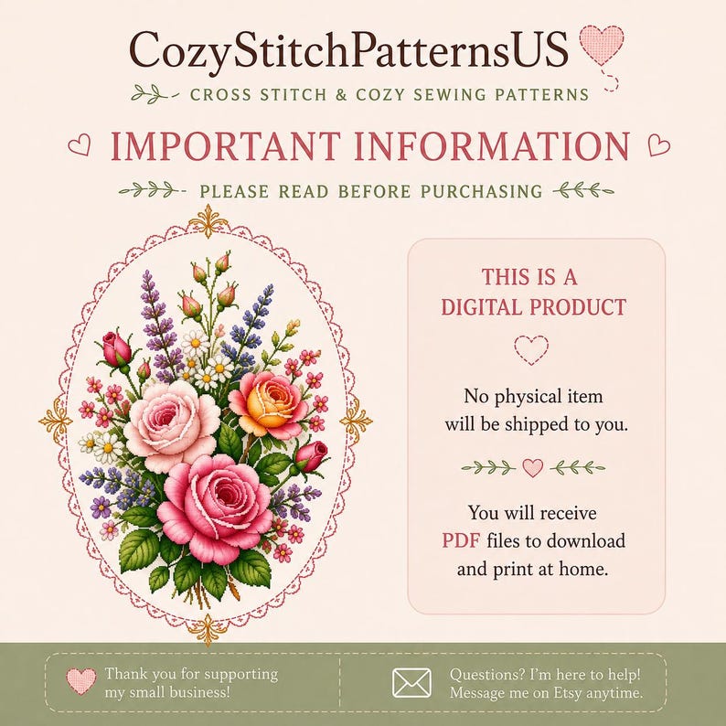 May include: A digital product information graphic for CozyStitchPatternsUS featuring a floral illustration of pink roses, lavender, and daisies inside an oval lace frame. The text states this is a digital product with no physical item shipped.