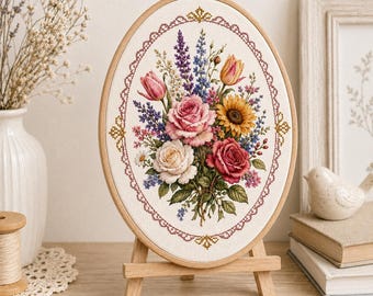 Borduurpatroon voor een bloemenboeket (PDF, digitaal te downloaden): Vintage rozen, zonnebloemen, tulpen en wilde bloemen. Ideaal als cadeau of decoratie voor beginners!