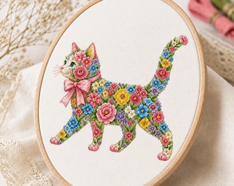 Bloemenkat kruissteekpatroon PDF digitale download, schattig kitten bloem borduurontwerp, botanisch dieren decoratie cadeau doe-het-zelf patroonpakket PDF