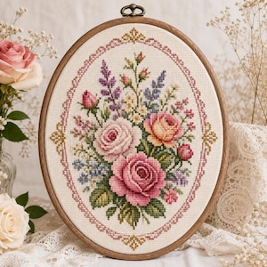 Vintage Rose Bouquet Cross Stitch Pattern, Floral Embroidery Chart (Digital Download)