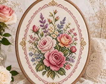 Vintage rozenboeket kruissteekpatroon, bloemenborduurpatroon (digitale download)