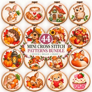 44 Mini Cross Stitch Pattern Bundle PDF, Digital Download, Woodland Animals, Autumn Pumpkins, Cottage, Coffee, Cupcake & Cute Teddy Bear Art