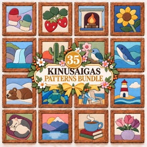 Könnte beinhalten: Eine Sammlung von 35 Kinusaigas-Mustern, die in einem Raster aus gerahmten Quadraten dargestellt sind. Die Bilder zeigen verschiedene Illustrationen, darunter Fäustlinge, Erdbeeren, einen Kamin, eine Sonnenblume, einen Wasserfall, einen Kaktus, einen Vogel, einen Wal, einen Bären, eine Schildkröte, einen Stuhl, einen Leuchtturm, eine Katze, Berge, eine Kaffeetasse auf Büchern und Tulpen. Ein zentrales Etikett lautet 35 KINUSAIGAS PATTERNS BUNDLE.