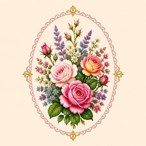 May include: A cross-stitch embroidery pattern featuring a central bouquet of pink, yellow, and white roses, purple lavender, and small blue flowers. The arrangement is enclosed within an oval frame decorated with pink beads and gold filigree accents.