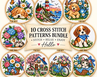 10 Spring Cross Stitch Patterns Bundle, Cute Dogs Cats Flowers Lighthouse PDF, Instant Digital Download, Floral Embroidery Art Designs, Gift