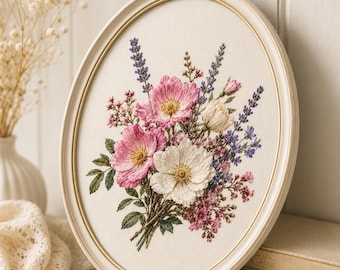 Kruissteekpatroon PDF, Boeket wilde bloemen, Bloemenborduurontwerp, Digitale download, DMC-schema, Ovale bloemdecoratie DIY cadeau Cottagecore!