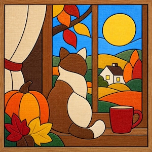 Op de afbeelding: Een vierkant wandkunstwerk met een bruin-witte kat die op een vensterbank zit en uitkijkt over een herfstlandschap. De scène bevat een heldere gele zon, een huis, oranje pompoenen, rode en gele bladeren en een rode mok op de vensterbank.