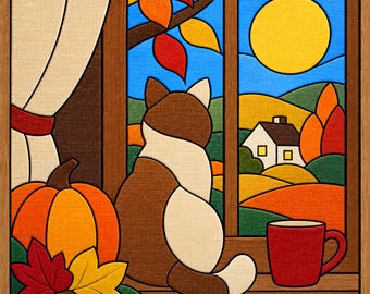 Autumn Cat Kinusaiga Pattern, No Sew Fabric Art, Fall Pumpkin Craft, Printable PDF Template, DIY Foam Board Pattern, 4 Sizes, Instant Downlo
