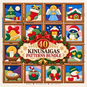 Peut inclure: Une collection de 40 motifs Kinusaigas avec des images de fêtes dans des cadres en bois, incluant un sapin, une chaussette, un ange, une maison, une cloche, le Père Noël, une lanterne, un pingouin, une bougie, une crèche, un mug, une couronne et un bonhomme de neige avec le texte 40 Kinusaigas Patterns Bundle.