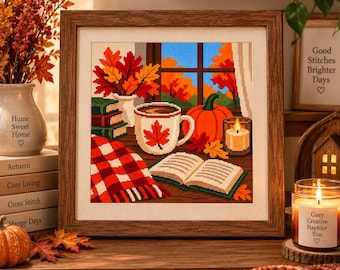 Autumn Coffee Cross Stitch Pattern, Cozy Fall Reading Nook PDF, Pumpkin Candle Book Decor, Digital Download Cross Stitch Pattern PDF Design!