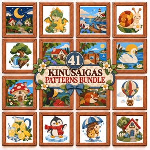 May include: A collection of 41 Kinusaigas patterns featuring various illustrations including a dragon, a snail, a swan, a hot air balloon, a penguin, and houses, all framed in wood and centered with a sign reading 41 Kinusaigas Patterns Bundle.