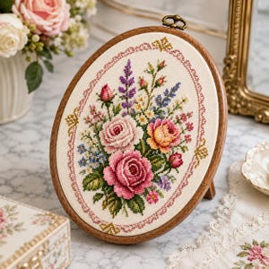 May include: An oval wooden embroidery hoop frame containing a cross-stitch floral arrangement on cream fabric. The design features pink, yellow, and purple roses with green leaves, surrounded by a decorative pink stitched border and a metal hanger.