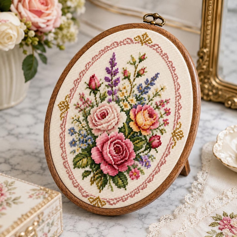 May include: An oval wooden embroidery hoop frame containing a cross-stitch floral arrangement on cream fabric. The design features pink, yellow, and purple roses with green leaves, surrounded by a decorative pink stitched border and a metal hanger.