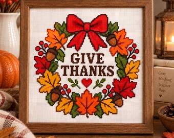 Borduurpatroon 'Give Thanks', Thanksgivingkrans met herfstbladeren en eikels, herfstdecoratie PDF, direct digitaal te downloaden, oogstontwerp