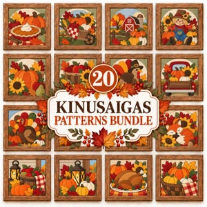 May include: A collection of 20 Kinusaigas patterns featuring autumn themes like pumpkins, turkeys, scarecrows, and farm scenes. Each square image is framed in wood, showcasing vibrant fall colors, foliage, and seasonal harvest motifs.