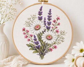 Lavendel madeliefjes kruissteekpatroon PDF, bloemenborduurpatroon, boeket wilde bloemen, direct te downloaden, doe-het-zelf handwerkcadeau