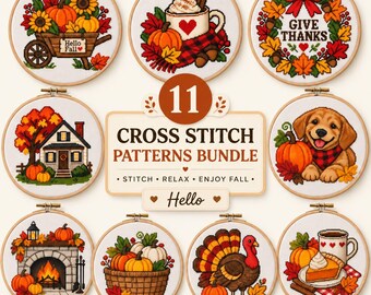 11 Bundle Autumn Cross Stitch Pattern,Cozy Fall Cats Dogs Pumpkins PDF, Seasonal Home Decor Digital Download, Easy Rustic Needlework Pattern