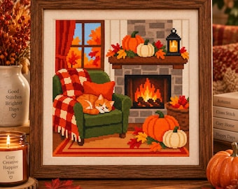 Autumn Cat Cross Stitch Pattern, Fireplace Pumpkin PDF, Cozy Fall Home Decor Needlework, Digital Download Cross Stitch Pattern PDF DesignArt