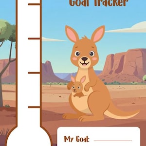Può includere: Un grafico Troop Goal Tracker con un canguro marrone e un piccolo nel marsupio, su uno sfondo di paesaggio australiano. Il design include un grande termometro bianco per monitorare i progressi e un riquadro bianco con linee per My Goal e Troop Goal.