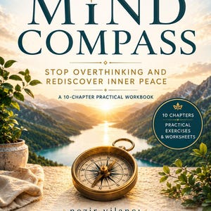 Può includere: Una copertina di libro intitolata Mind Compass: Stop Overthinking and Rediscover Inner Peace, un manuale pratico di 10 capitoli di Nezir Yilanci. La copertina presenta una bussola in ottone, un paesaggio di lago montano e icone tematiche.