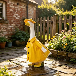 May include: A white goose figurine wearing a bright yellow raincoat and a matching yellow rain hat. The goose has a yellow beak and yellow feet, with three black buttons visible down the front of the coat. The figurine stands upright on a stone surface.