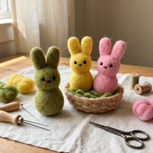 Bunny Needle Felting Kit, Starter Wool Project, Easter Lover Spring Gift, Bright Handmade Mantel Tabletop Decor