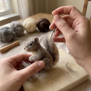 Op de afbeelding: Een naaldgevilte eekhoornfiguur gemaakt van wolvezels, met een pluizige staart, kleine zwarte oogjes en een lichtgekleurde borst. Een metalen viltnaald bevindt zich bij de staart, samen met bollen wolvilt en een schuimrubberen ondergrond.