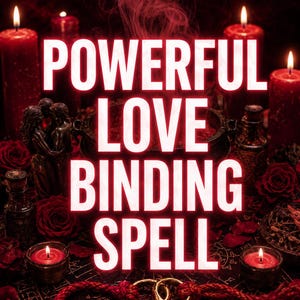 May include: A dark scene featuring red candles, red roses, and two gold rings tied with a red cord on a circular mat with symbols. The text reads PHOTO PROOF • SAME DAY and POWERFUL LOVE BINDING SPELL in large white letters against the dark background.