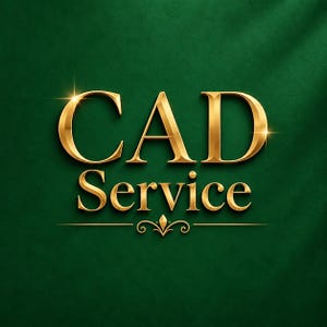 Könnte beinhalten: Ein Grafikdesign mit dem goldfarbenen Text CAD Service in einer Serifenschrift. Die Buchstaben haben eine metallisch glänzende Oberfläche mit subtilen Lichtreflexen. Unter dem Text befindet sich ein dekoratives goldenes Ornament. Der Hintergrund ist dunkelgrün.