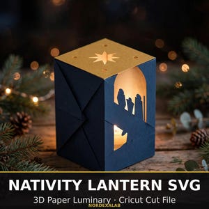 Nativity Lantern SVG · 3D Paper Luminary with Holy Family Papercut Panels · Christmas Bethlehem Star Night Light · Cricut Cut File