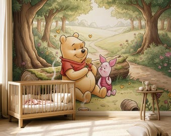 May include: A wall mural featuring Winnie the Pooh and Piglet sitting in a forest setting with trees, a path, and flowers. A wooden crib is positioned in front of the mural, along with a small wooden side table holding a toy and a cup.