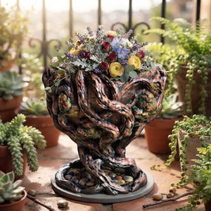 May include: A decorative planter featuring a sculpted brown tree root design with a textured surface, holding a vibrant floral arrangement of red, yellow, and blue flowers with green foliage, resting on a circular base with small colorful stones.