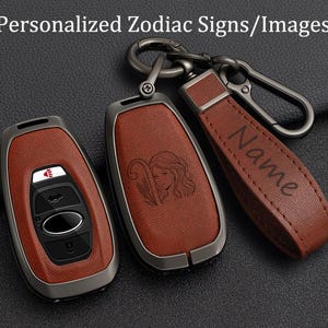 Personalized leather key fob covers for Subaru Forester Ascent, Outback, Brz, Legacy, Crosstrek, Impreza, WRX STI, XV, and Levorg.