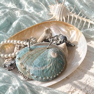 Puede incluir: Una concha de abulón azul y bronceada con dos anillos de metal plateado unidos en la parte superior. La concha se coloca dentro de un cuenco de nácar iridiscente junto a un collar de perlas blancas, un trozo de coral y una concha blanca.