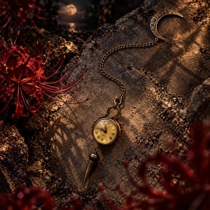 Puede incluir: Un reloj de bolsillo de tono bronce con esfera redonda, números romanos y movimiento de cuarzo. El reloj está unido a una delicada cadena metálica que conecta un dije de media luna en un extremo y un colgante metálico cónico y puntiagudo.