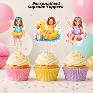 Personliga poolparty cupcake toppers, anpassad ansiktsfoto sommarfödelsedagsdekor, pooltemafest utskrivbar, digital nedladdning