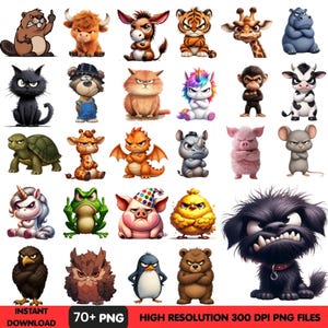 Grumpy Animals PNG-paket, Grumpy Animal Clipart, Söta tecknade djur, Zoo Farm Wildlife PNG, 300 DPI