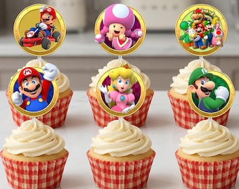 Adornos para cupcakes de Mario en formato PNG, imprimibles para fiestas de cumpleaños de Super Mario, decoraciones para cupcakes de Mario, descarga digital para fiestas de videojuegos