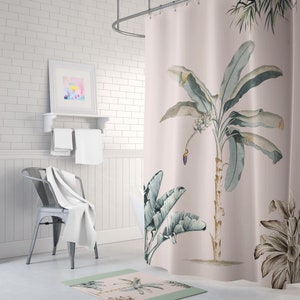 Jungle Shower Curtain - Palm Leaf Shower Curtain - Pink Fabric Shower Curtain