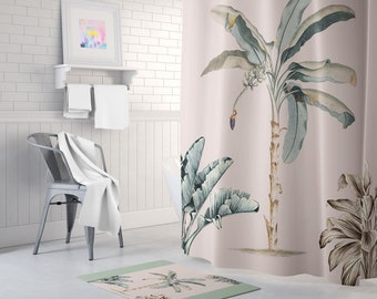 Jungle Shower Curtain - Palm Leaf Shower Curtain - Pink Fabric Shower Curtain