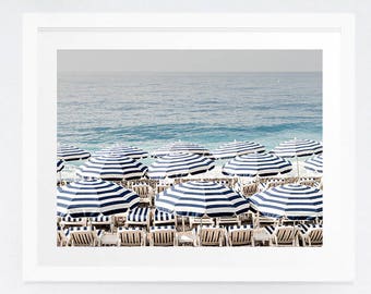 Beach Umbrella Photography Print - Blue and White Print - Beach Decor
