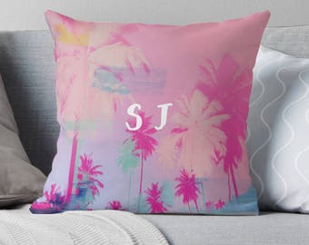 Palm tree print pillow, monogrammed pillow, pink pillow, customised decor, home decor, gift for her, monogrammed cushion, Palm tree decor