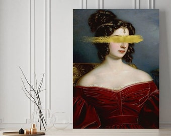 Portrait of a Woman Canvas Print, Altered Art Canvas, Red and Gold Decor, Bedroom Canvas Print