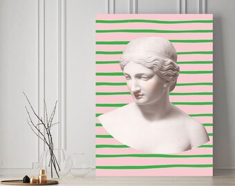 pink and green artemis wall print, ancient aesthetic wall canvas wrap, pink and green wall art