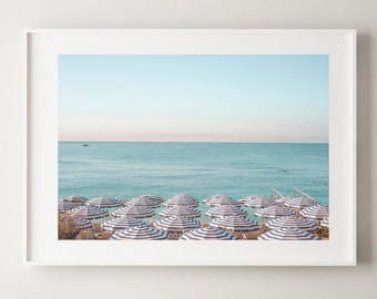 Aerial beach print, Beach Umbrella Wall Print, Blue and white beach art, Wall Art for beach house, Summer Decor, French Riviera Photography